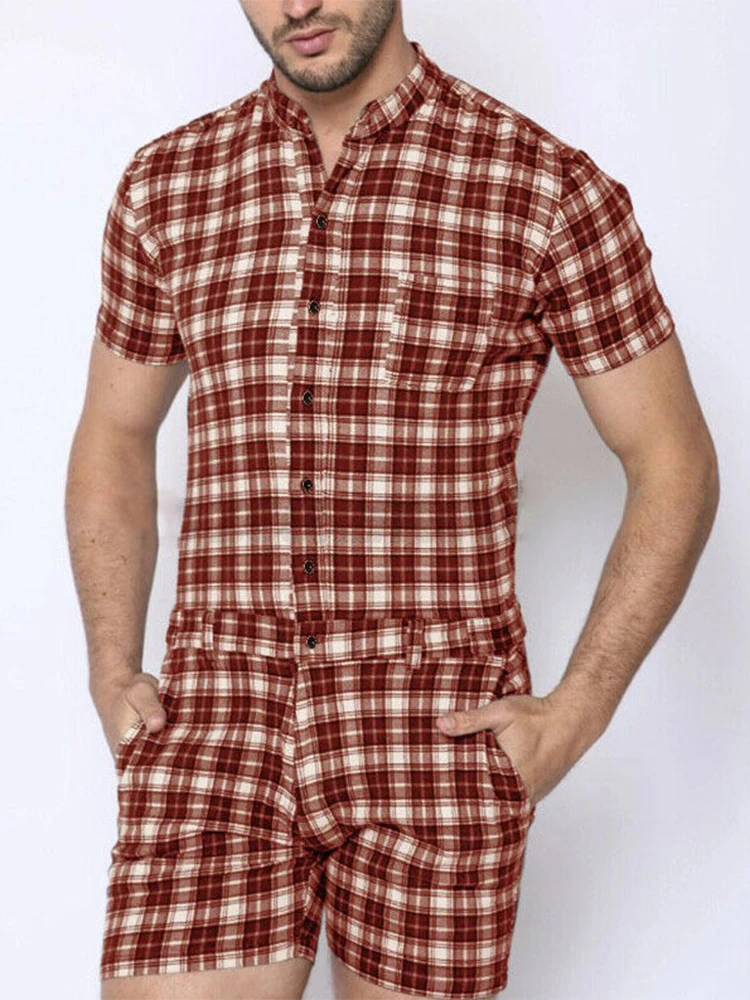 

Мужской комбинезон на пуговицах, повседневный Облегающий комбинезон в клетку с коротким рукавом, одежда для улицы, лето 2022