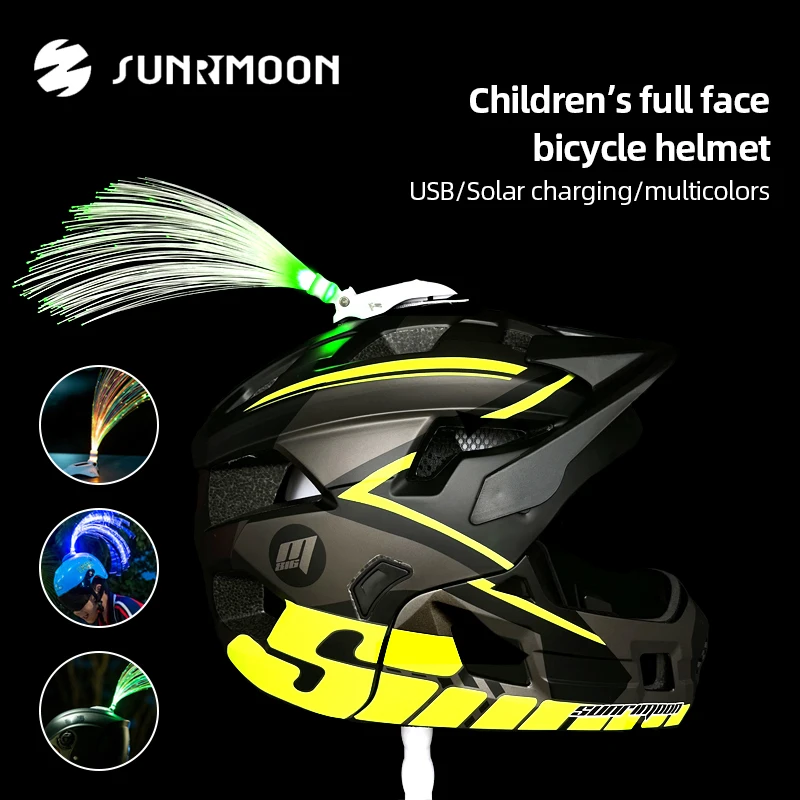 

SUNRIMOON Kids Mountain Bike Helmet Full Face PC+EPS Downhill Mtb Road Cycling Helmet with Taillight Head Light USB Rechargeable