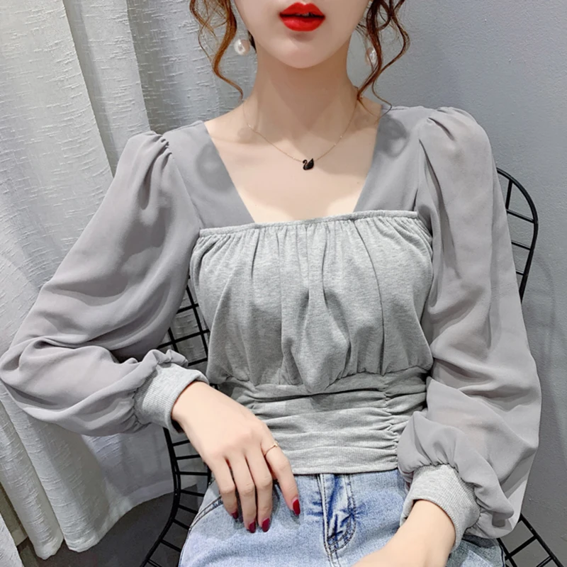 

Весенние укороченные топы для женщин 2022 марлевая Лоскутная рубашка с длинным рукавом Тонкая блузка с квадратным воротником Женская одежда ...