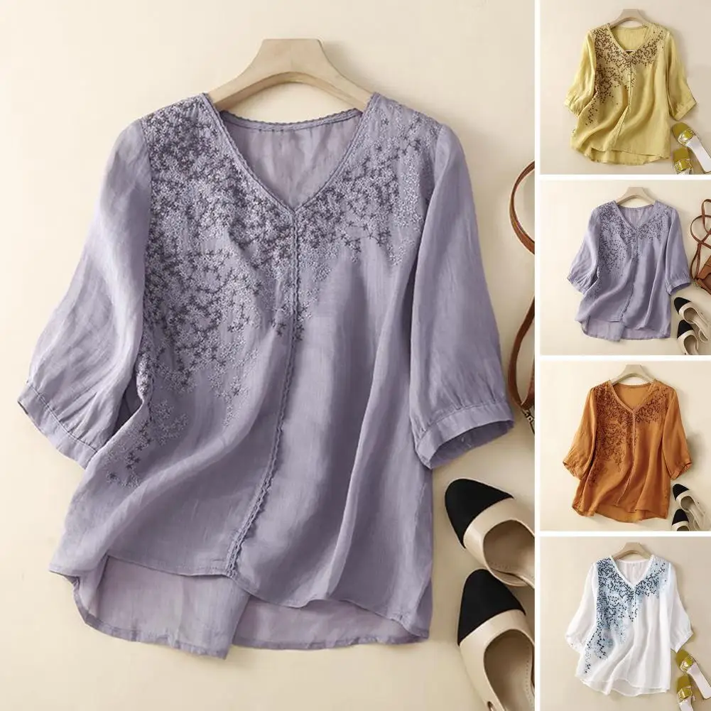 

Retro Women Shirt Cotton Linen Shirt Half Sleeve Thin Cool Soft Summer Embroidery Star Print Shirt Tops Streetwear