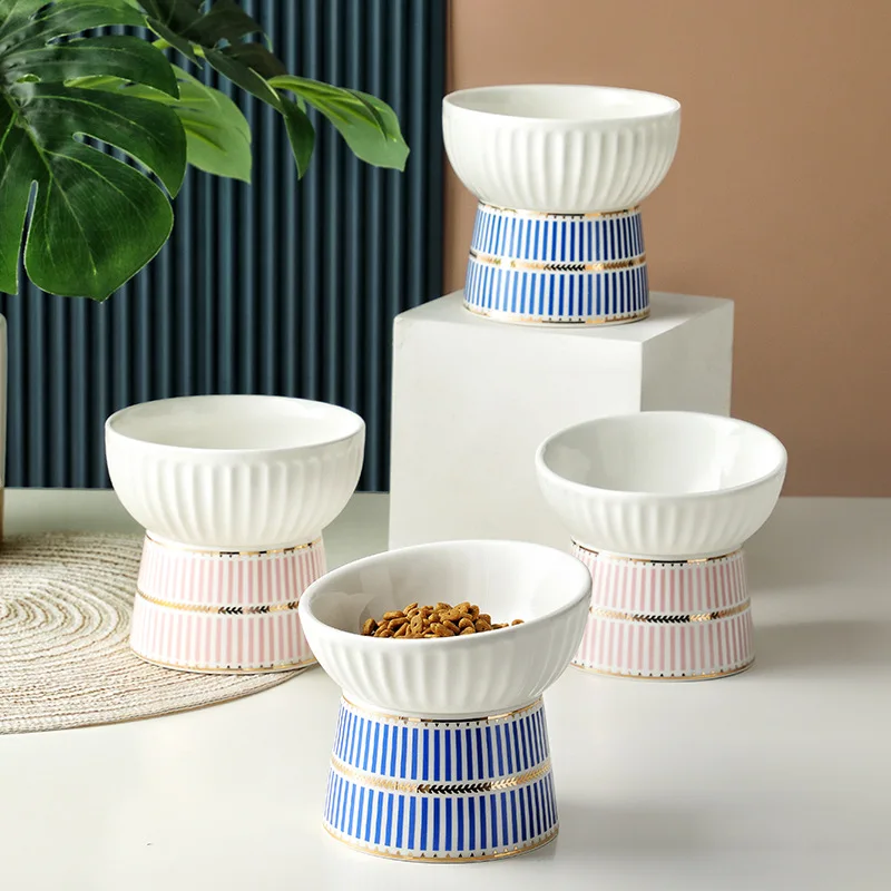 

Pet Ceramic Food Water Bowl Elevated High Foot Small Dog Feeding Bowls Bevel Cat Feeders Protect Cervical Spine Feeding Supplies