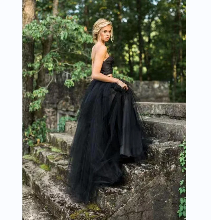 Женское вечернее платье без бретелек Angel Custom черное Тюлевое с разрезом сверху и