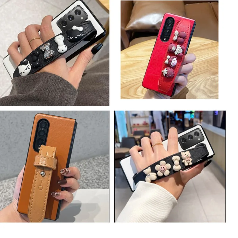 

Cute Wrist strap PU Leather Phone Case For Samsung Galaxy Z Fold 3 2 Wristband Cover for Galaxy Z Fold 4 Funda Coque