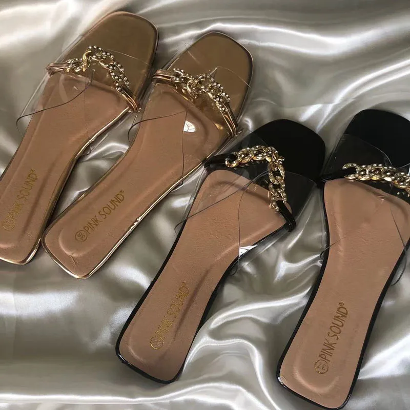

2022 Women Shoes Summer Light Luxury Drill Strip Flat Transparent Slippers Large Size Fashion Ladies Casual Sandals Flip-flops