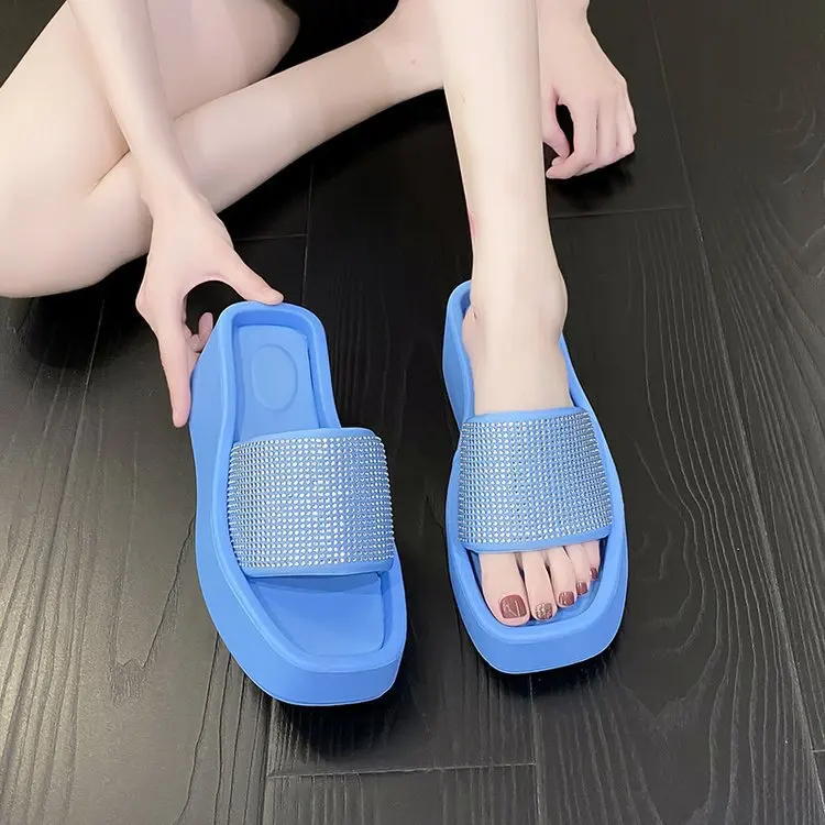 Muffin Bottom Rhinestone Heightening Slippers Women's Summer New Square-toe Open-toe One-word Slippers Thick-soled Shoes Large43