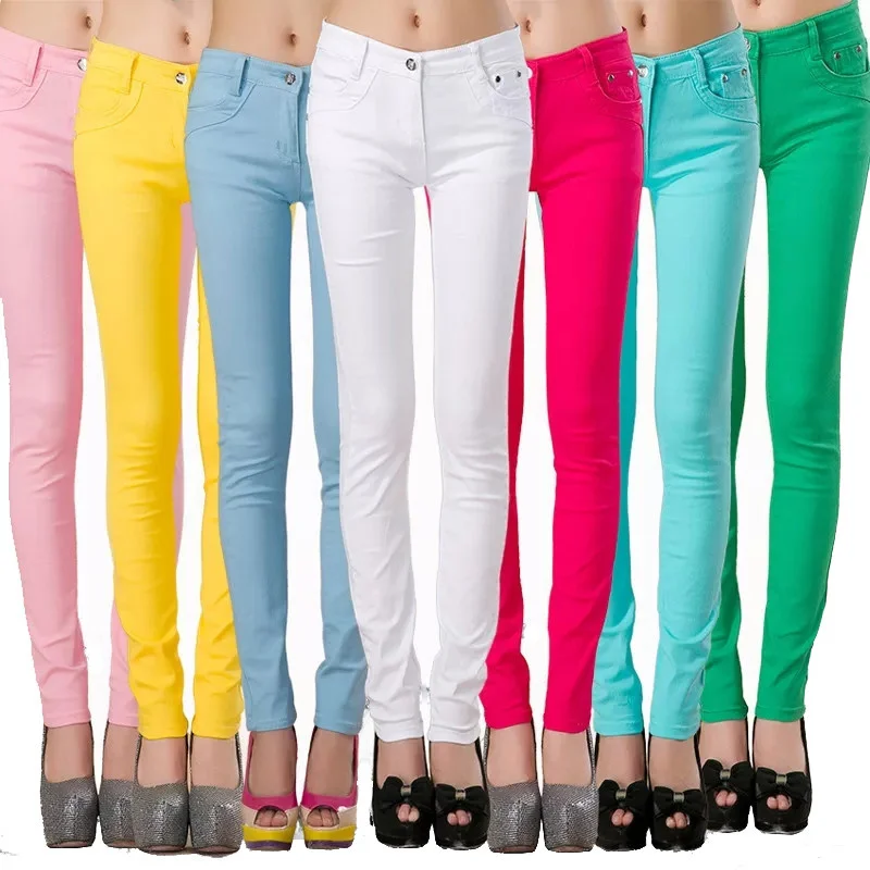 

FSDKFAA New 2022 Korean Women Seven Jeans Office Ladies Candy Color All-Match Slim Cropped Pencil Pants Thin Skinny Leggings