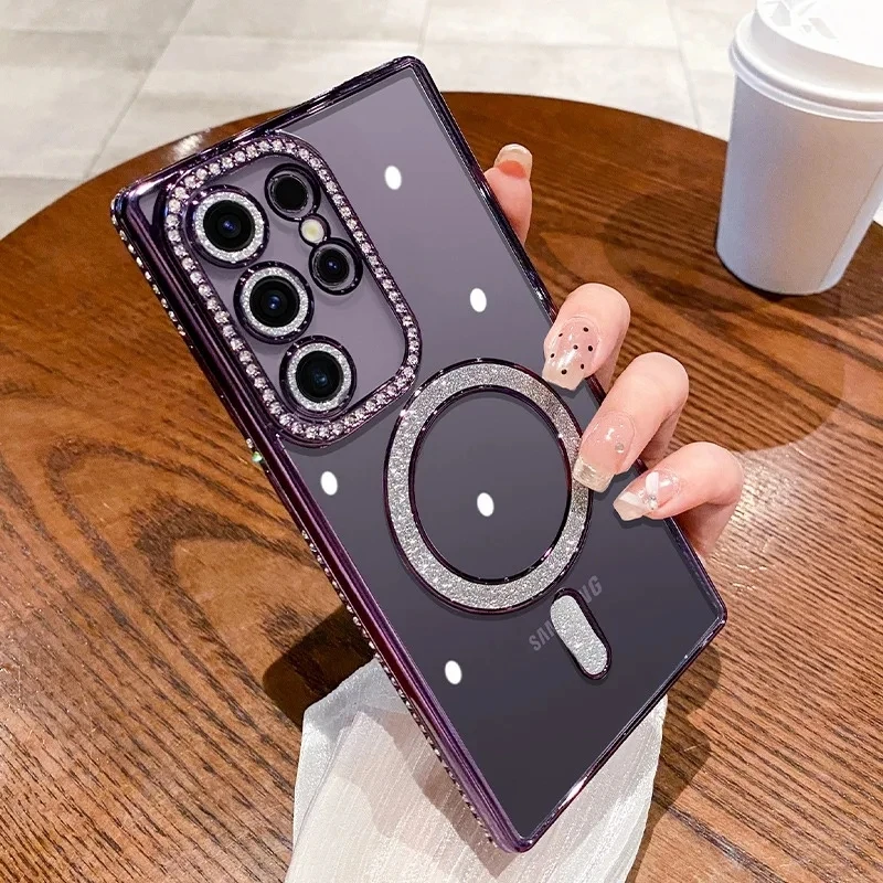 Роскошный Бриллиантовый чехол для Samsung S24 ультра прозрачный Magsafe Galaxy S23 Ultra Plus с