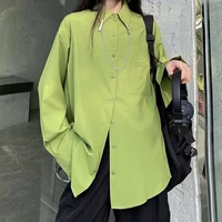deeptown harajuku green women blouses vintage oversized streetwear long sleeve shirts with chain casual fashion chic hippie tops