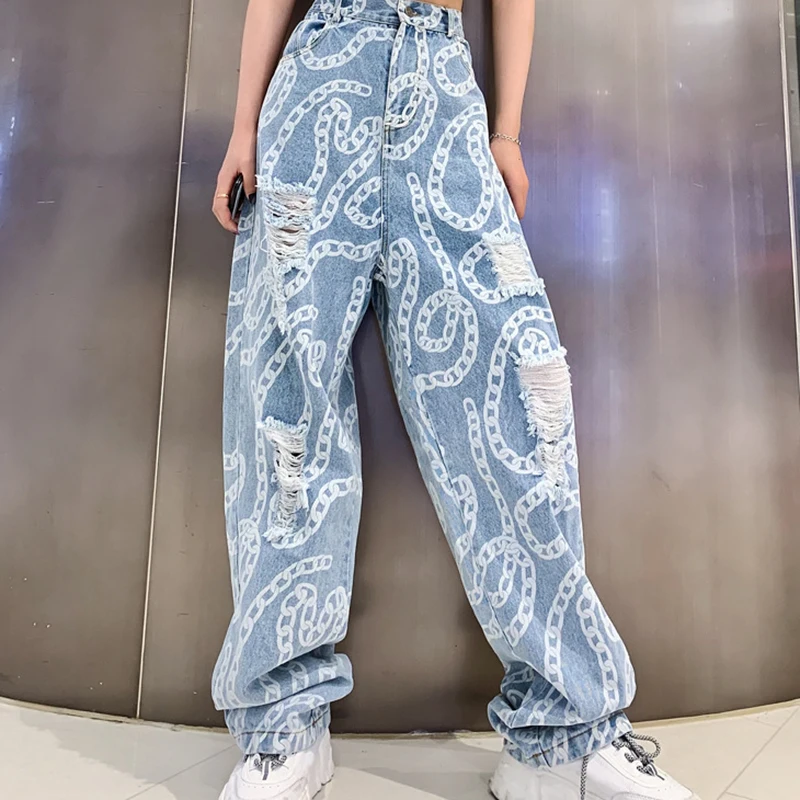 Y2k Wide Leg Retro Hollow Long Jeans Women 2022 Light Blue Fashion Loose Ripped High Waist Hole Pants Casual Sexy Korea