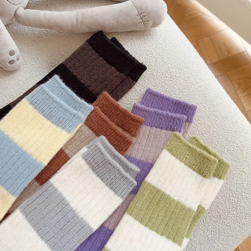 Casual New High Quality Wool Socks Set 6 Pairs Female Simple Striped Patchwork Warm Winter Socks Lots for Women Gift
