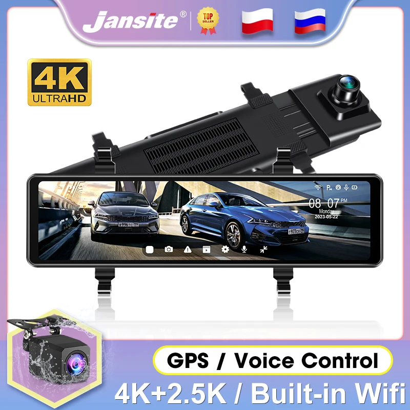 

Jansite 12" Car DVR Dash Cam 4K Front and 2.5K Rear Camera Recorder Dual Lens GPS Track Playback Wifi Voice Control 24H Parking