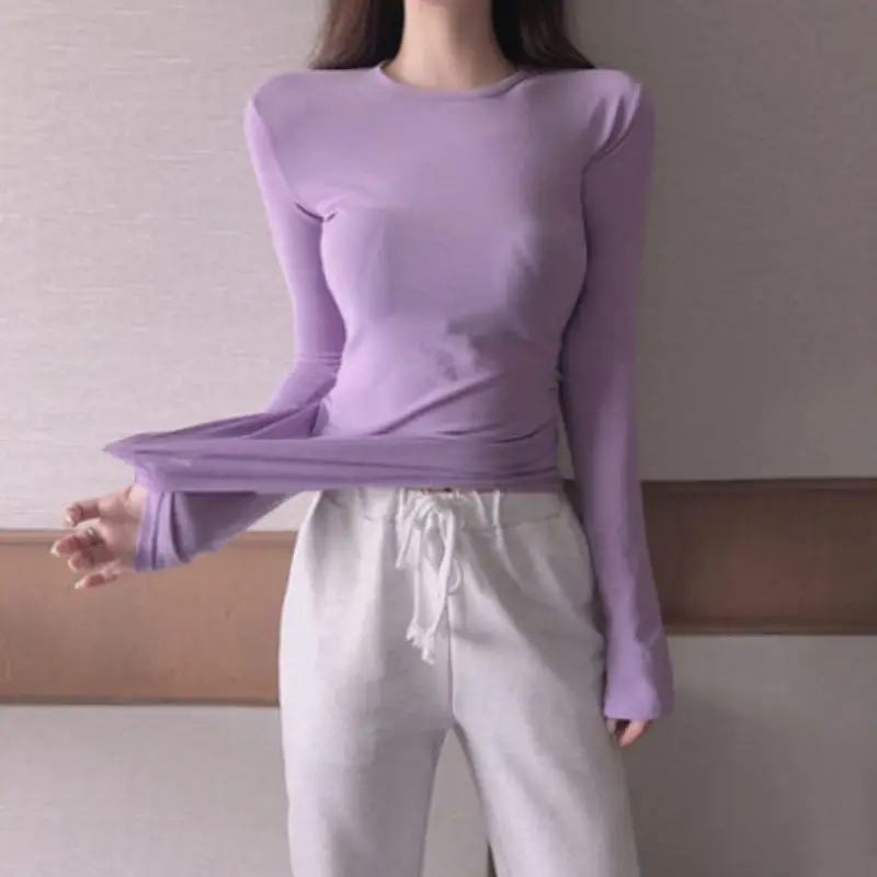

футболка женский Cute Purple Women's T-Shirt Ins Long Sleeve T-Shirts For Girls Basic Spring Summer Fashion Woman Blouses 2022