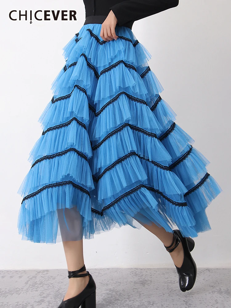 

CHICEVER Colorblock Skirt For Women Mesh High Waist Fold Pleated Vintage Loose Casual Skirts Female 2022 Spring Fashion Clothing