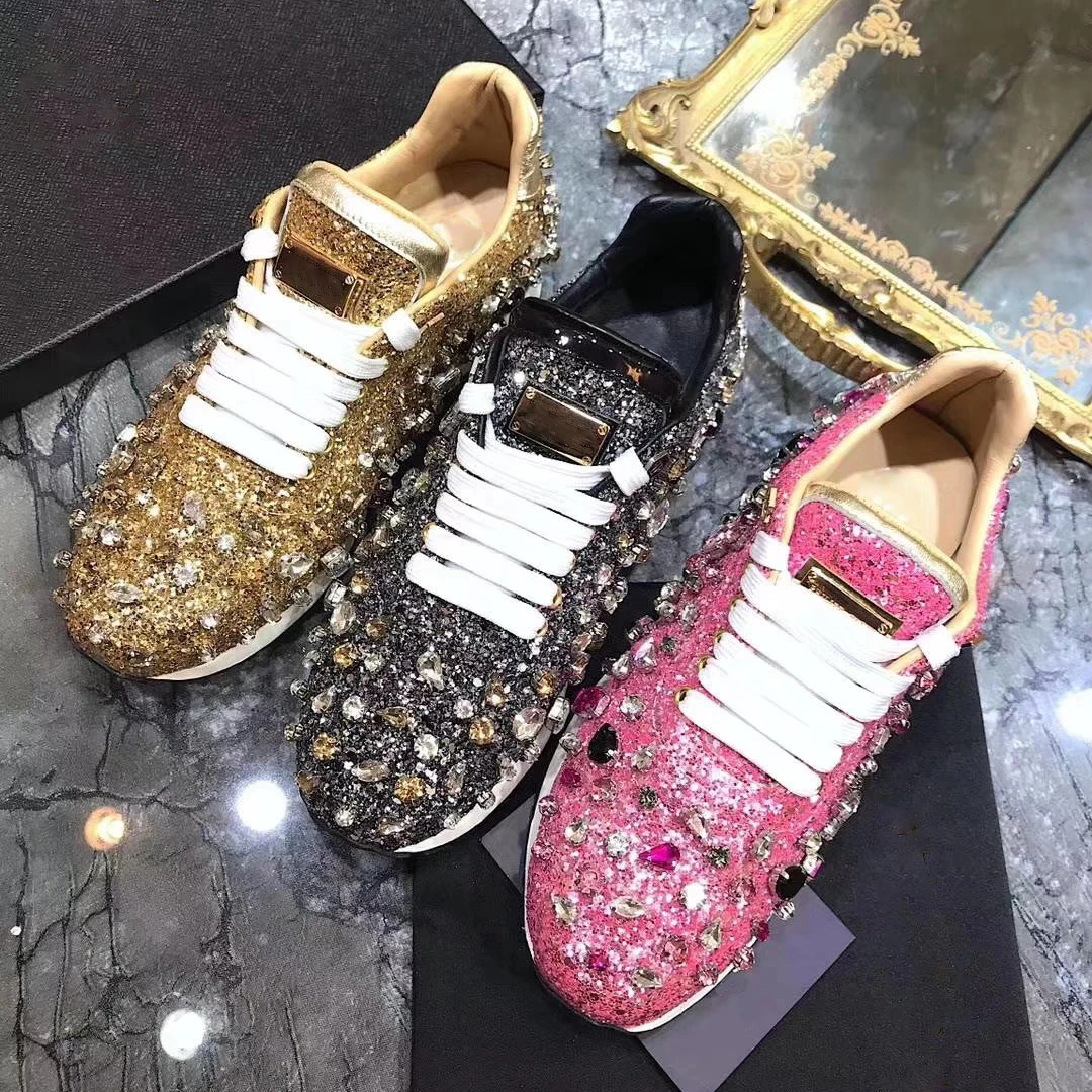 

Genuine Leather Brand Women's Shiny Shoes Spring Autumn New Casual handtailor Rhinestone Shoes Golden sparkle Shoe Sneakers 41