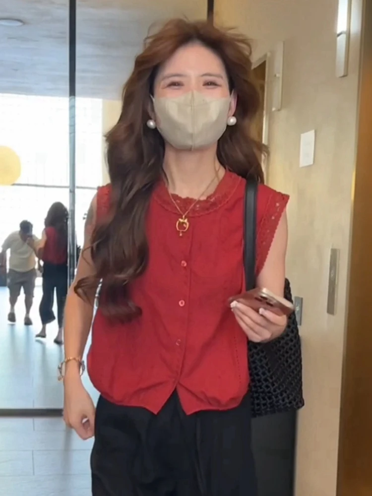 Ажурные кружевные рубашки без рукавов для женщин новинка 2024 летний дизайнерский