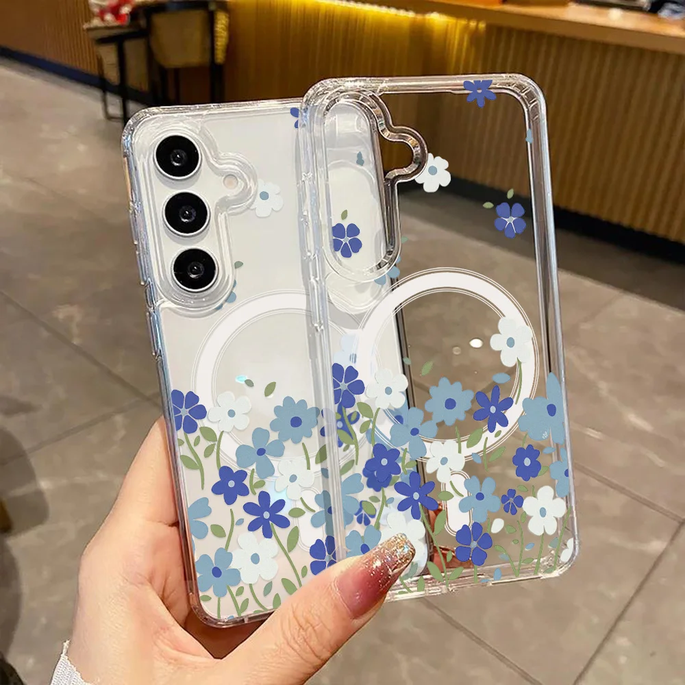 Фото Магнитный чехол для телефона с синим цветком для Samsung A57 A37 S26 Ultra S25 S24 FE S23 A56 A55 A36, прозрачный силиконовый мягкий бампер №5