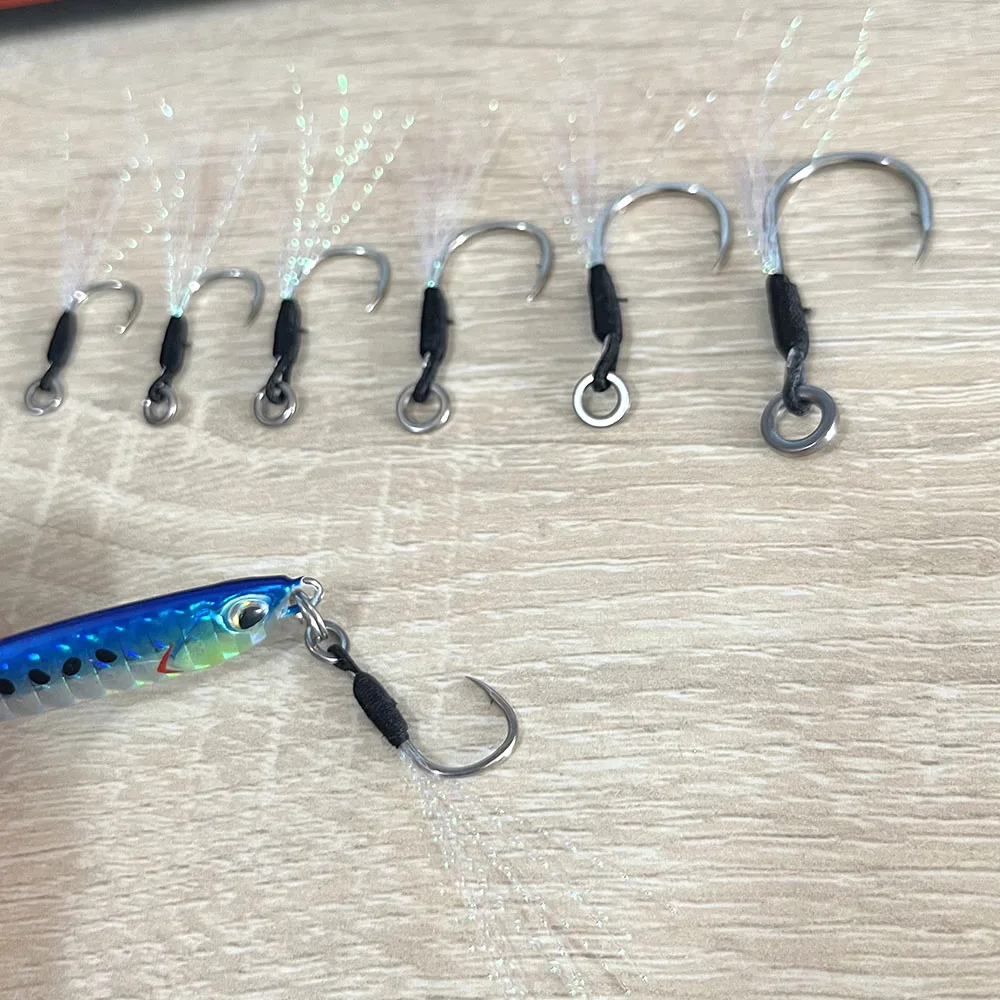 New 20pcs Solid Ring Assist Hook Metal Jig Hook Short/Long Black PE Line Feather Jigging Spoon Lure Hook Peche