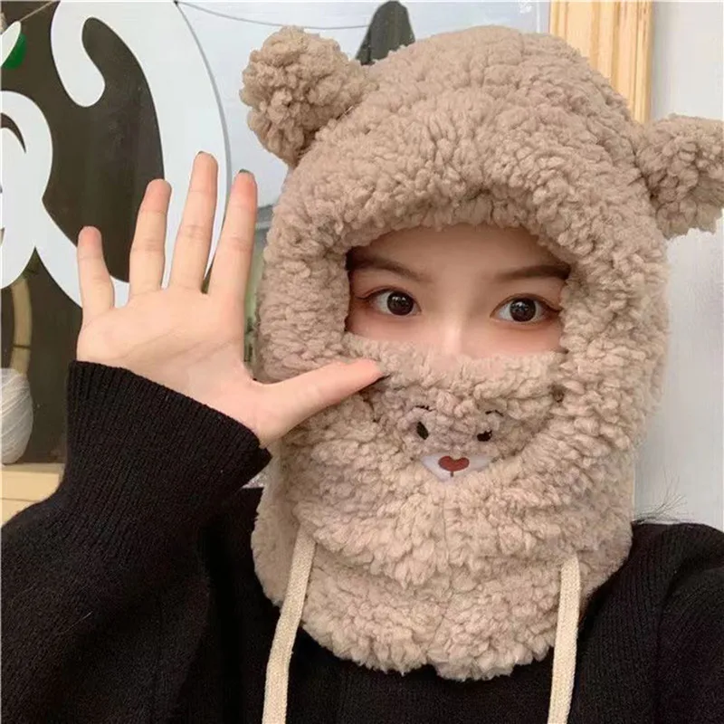 

Cartoon Bear Ear Lamb Beanie Hat With Mask Warm Balaclava Winter Thickened Ear Protection Autumn Skullies Beanies For Women Girl