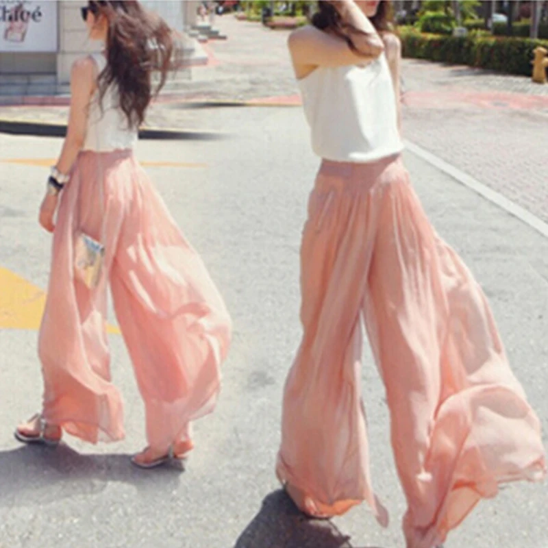 

2022 Summer Women Wide Leg Pants Fashion High Waist Elegant Skirt Pants Female Pink Black Chiffon Loose Dance Pants