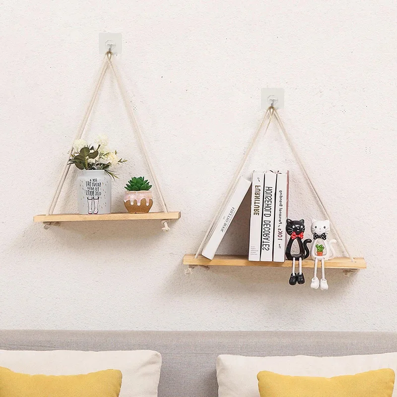

New Wood Swing Hanging Rope Wall Mounted Floating Shelves Home Living Room Wall Shelf Sundries Storage Outdoor Garden Decoration