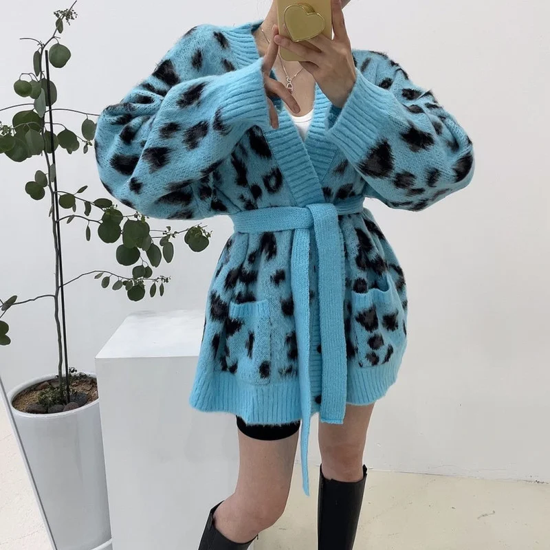 Женский однобортный Кардиган с леопардовым принтом повседневная мягкая теплая