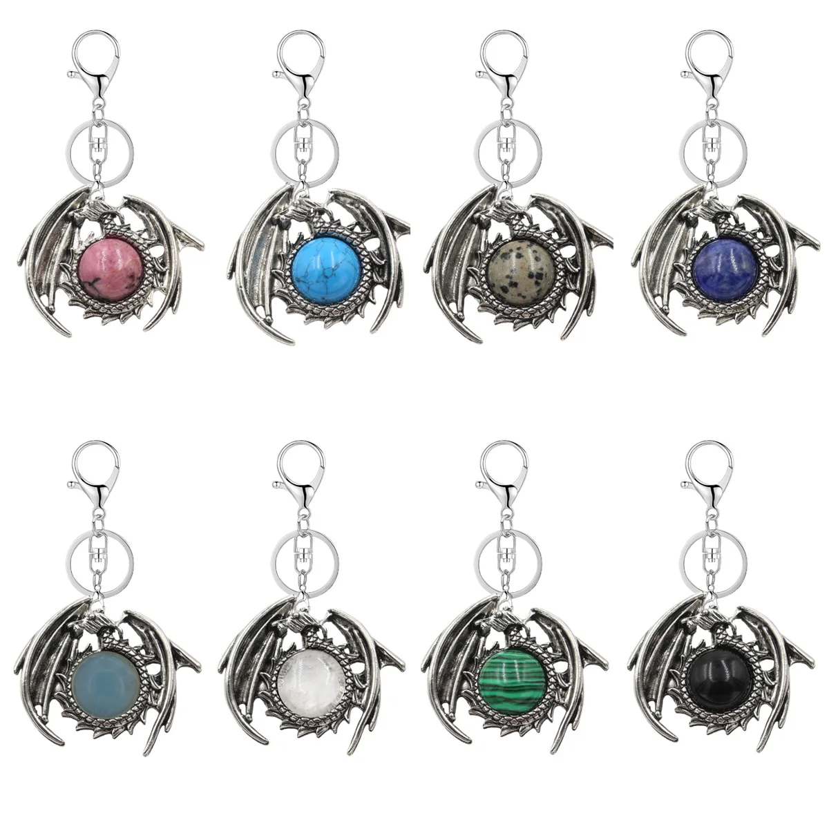 

Natural SIlver Alloy Dragon Stone Pendant Keychain for Women Men Wings Pterosaur Metal Charms Healing Chakra Crystal Key Chain