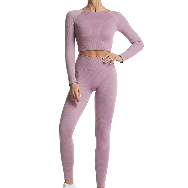 Threaded quick-drying yoga suit suit solid color bottoming long fitness suit Europe and the United States tight sports pants