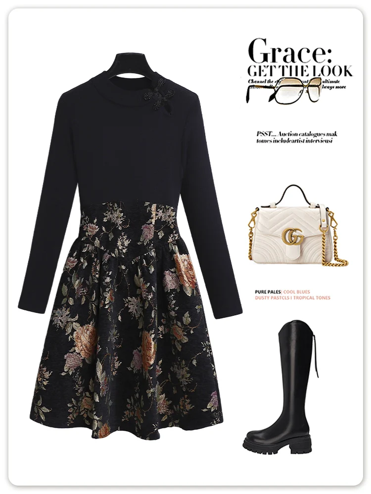 Высококачественное новое китайское черное трикотажное платье в стиле ретро 2024