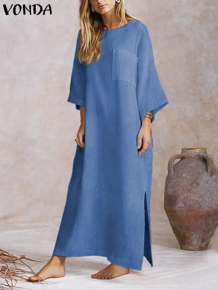 

VONDA 2022 Summer Women Bohemian Sundress Casual Vintage Denim O Neck Maxi Dresses Baggy Long Sleeve Beach Party Robe Oversized
