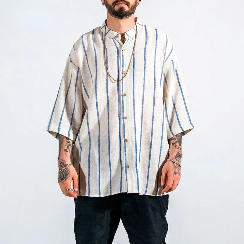 

New Fashion Casual Men's Standing Neck Casual Stripe Medium Long Sleeve Loose Cardigan Shirt Men's Clothing Street Shirt