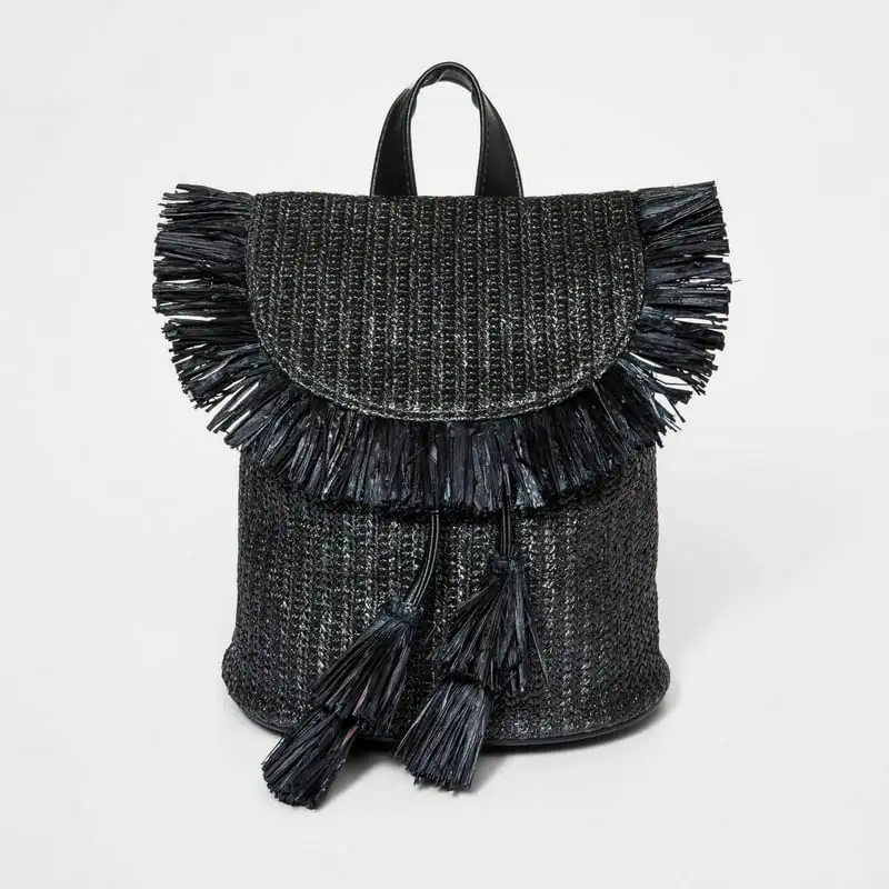 

，Cute & Fashionable Cute & Fashionable Girls' Black Mini Straw Backpack - Perfect for Summer Style!