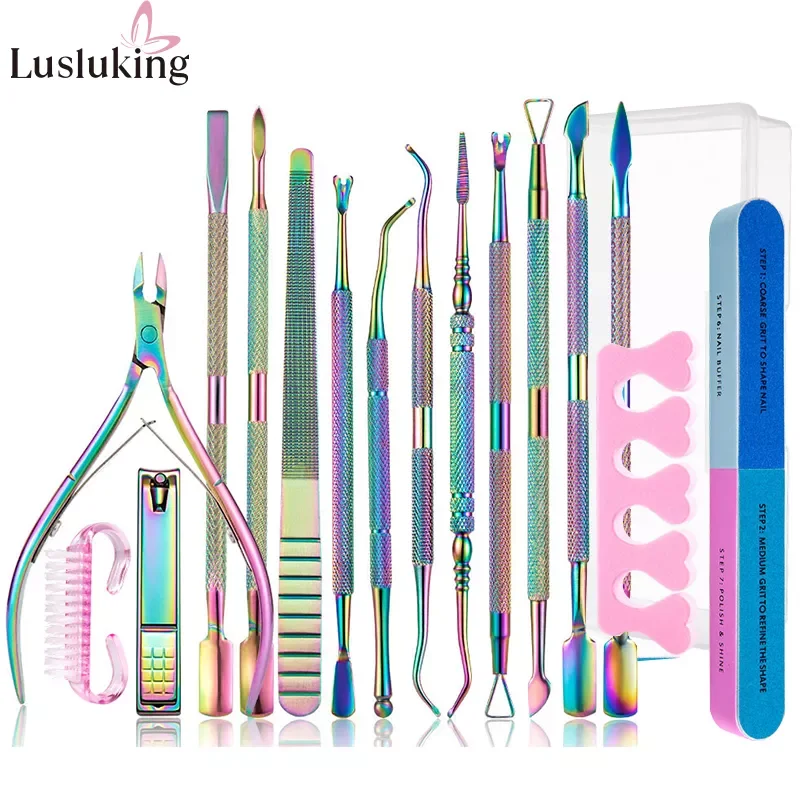 

NEW2023 Rainbow Stainless Steel Nail Art Tools Cuticle Pusher Dead Skin Gel Polish Remove Nipper Cleaner Care Tool Pedicure Mani