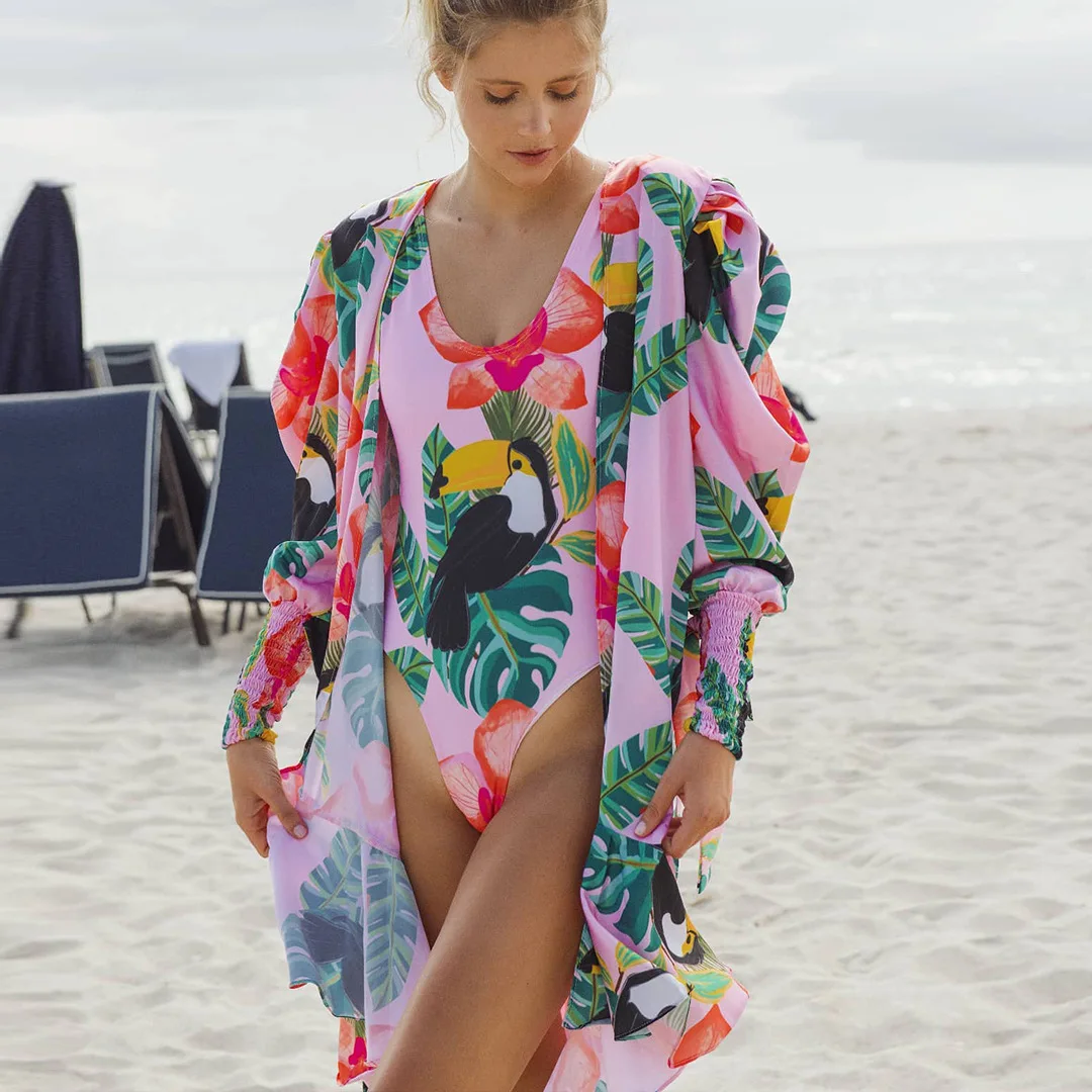 

Tropical Printing Triangle One-Piece Swimsuit Women's High Waist European and American 2022 New Swimwear Two-Piece Suit