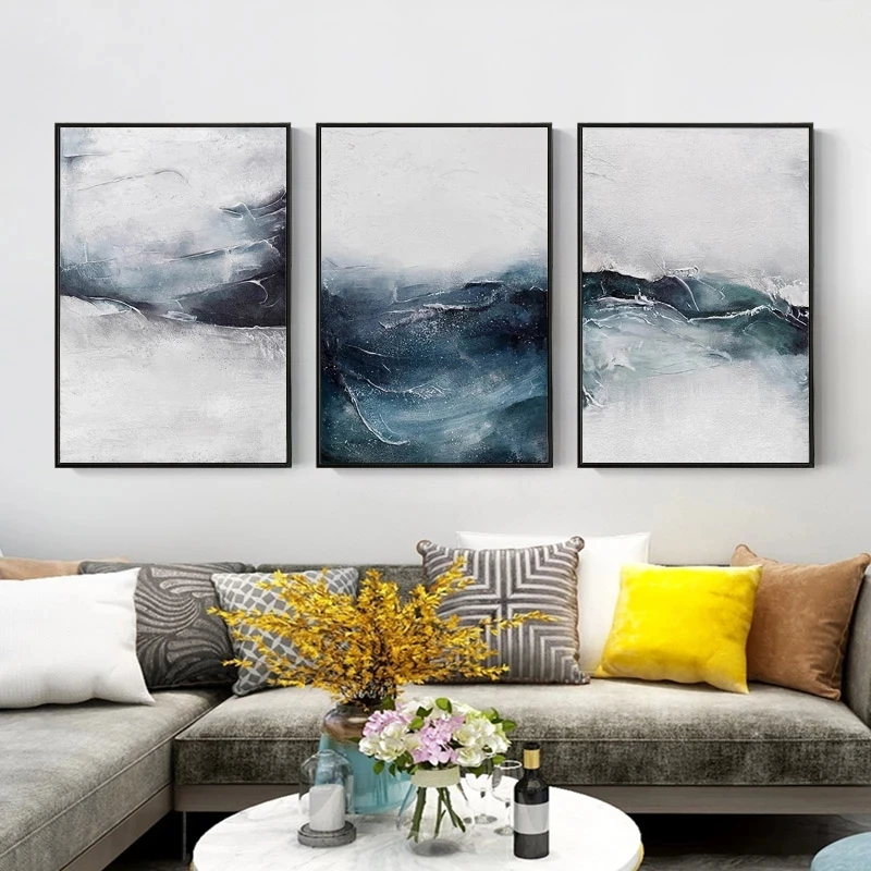 

Abstract Blue Oil Painting Freshening Canvas Prints Effect Ocean Wall Art Poster Decoration Pictures for Living Room Home Decor