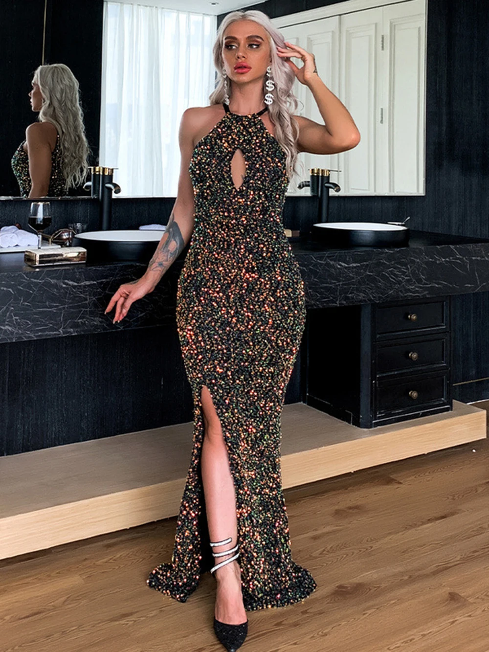 White Mermaid Long Prom Dresses Sparkly Sequin Halter Elegant Party Night Gowns Hollow Out High Slit Sexy Evening Dress