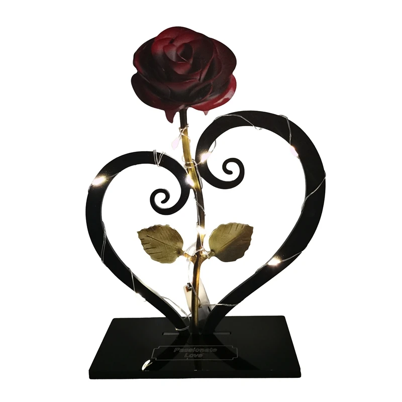 

Hand-Forged Wrought Iron Metal Rose Heart-Shaped Stand With Lights Valentine's Day Gift Anniversary Gift