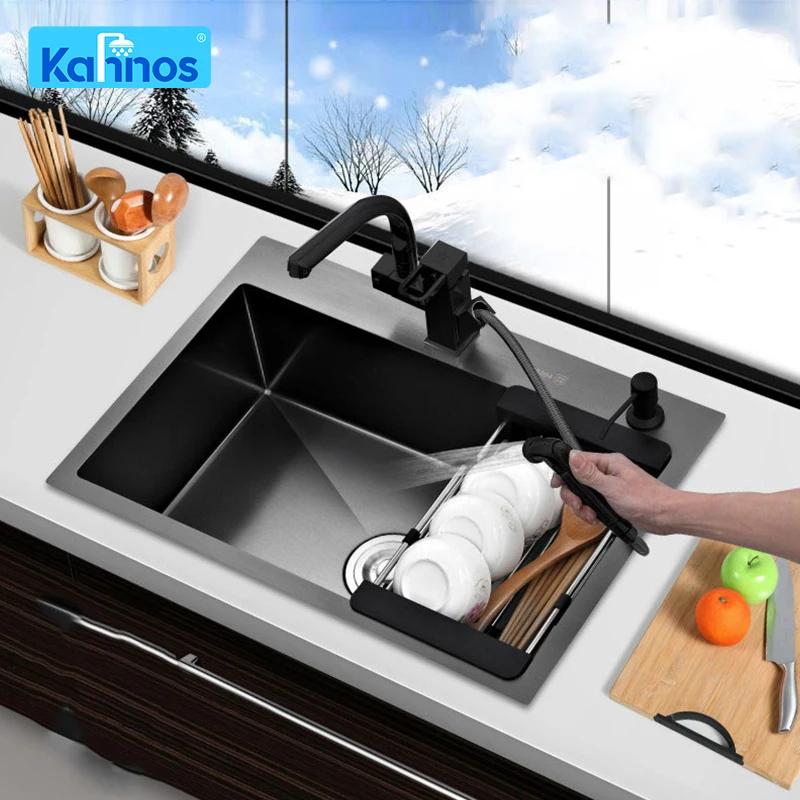 

Черная кухонная раковина Nano с одной чашей, смеситель для кухонной раковины, умывальник, кухонные аксессуары, верхнее крепление из нержавеющей стали, прямая подставка