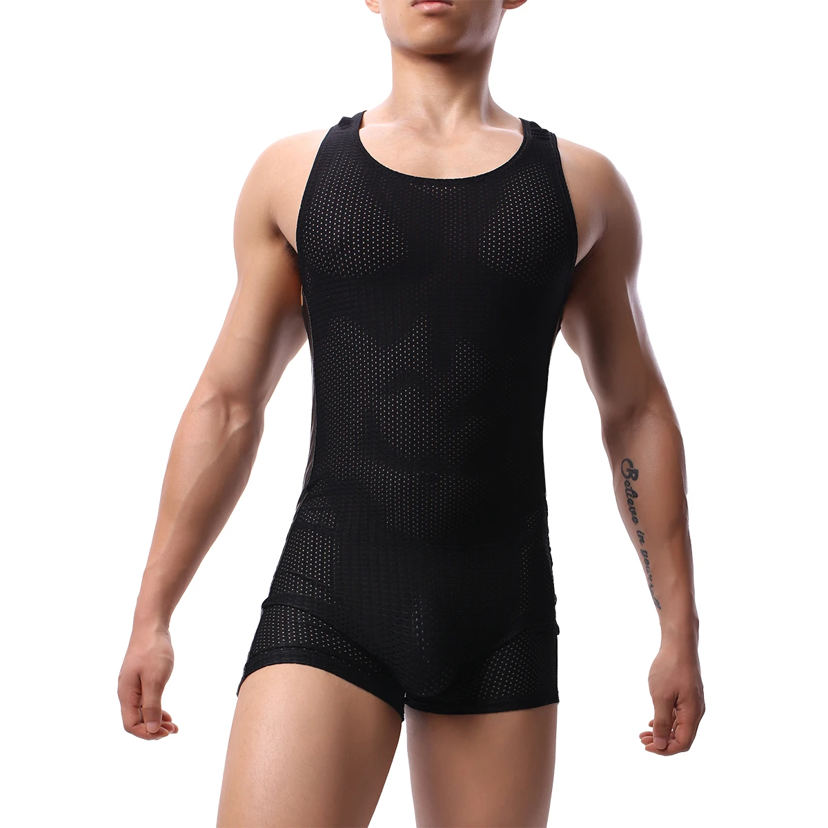 Sexy Men Undershirt Boxer Underwear Mesh Breathable Bodysuit Wrestling Singlet Faux Leather Patchwork Jumpsuit Rompers Underwear