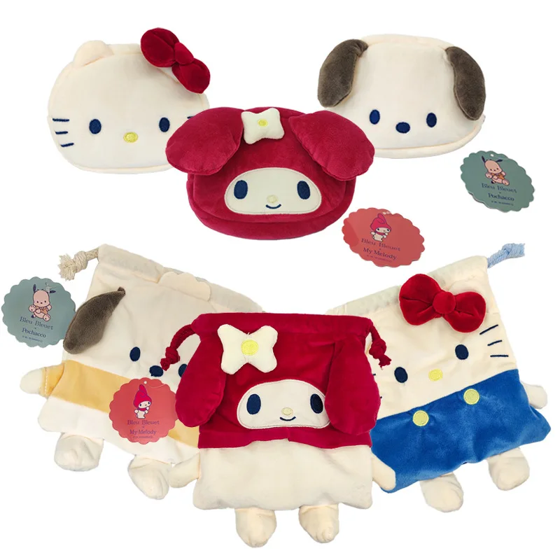 Anime Sanrio Plush Coin Purse Hello Kitty Melody Pacha Dog Drawstring Pocket Kawaii Cosmetic Bag Storage Bag Toys For Girls Gift