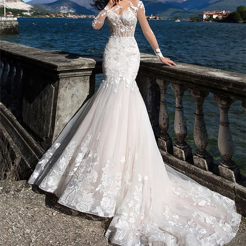 

Sexy Mermaid Wedding Dress Long Lace Sleeves Sweetheart Bridal Gown Lace Applique With Lace Tulle Train Robe De Mariée