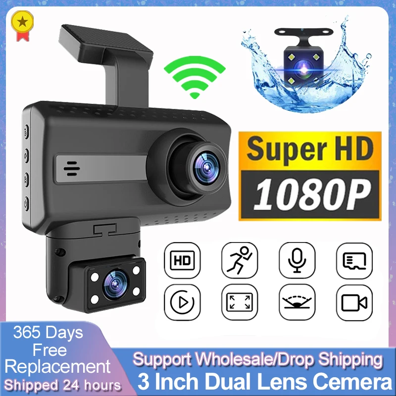 Купи 3-inch HD 1080P Dash Cam 170° Wide Angle Night Vision Car DVR Recorder 24Hr Parking Dish wifi Dual Recording Video Recorder за 1,865 рублей в магазине AliExpress