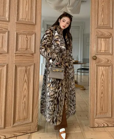 Высококачественное зимнее пальто с животным леопардовым принтом из искусственного меха, очень длинное пальто с длинным рукавом, свободная теплая куртка с ворсом, свободная верхняя одежда