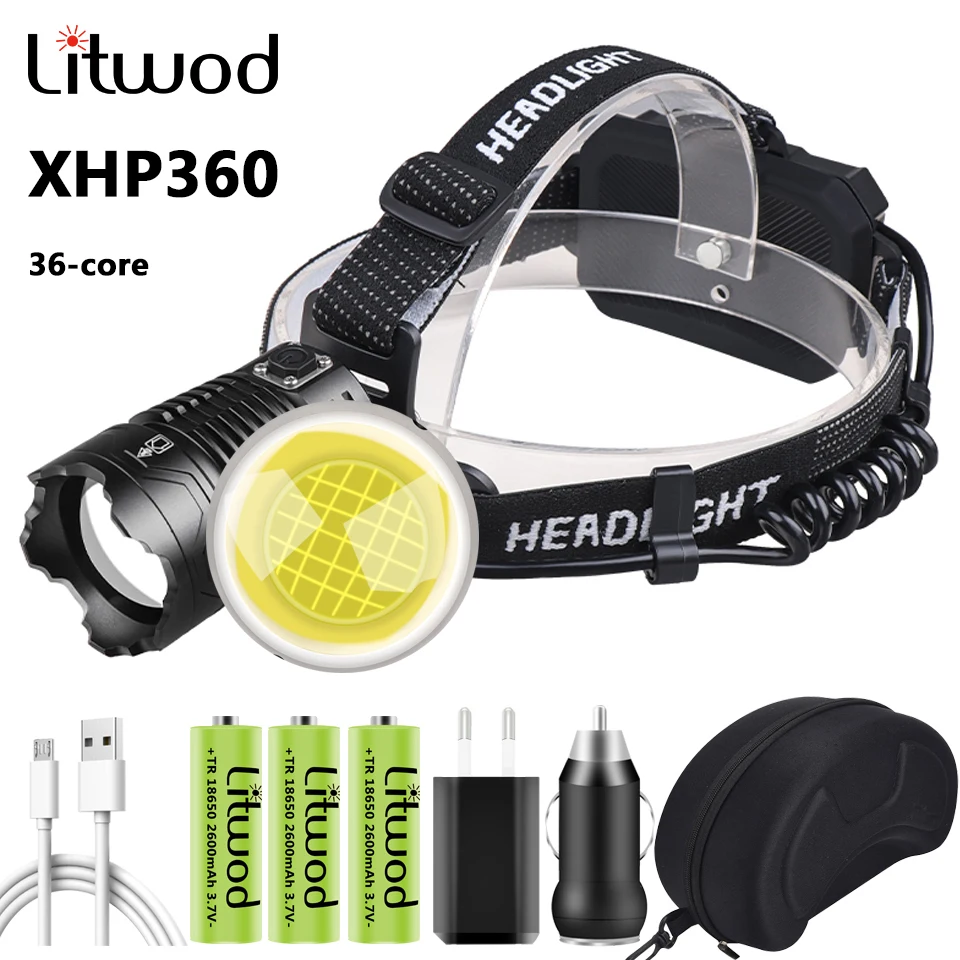 

Led XHP360 36-core Headlamp Super Bright Zoomable Powerbank Headlight USB Rechargeable 18650 Battery Head Flashlight Lamp