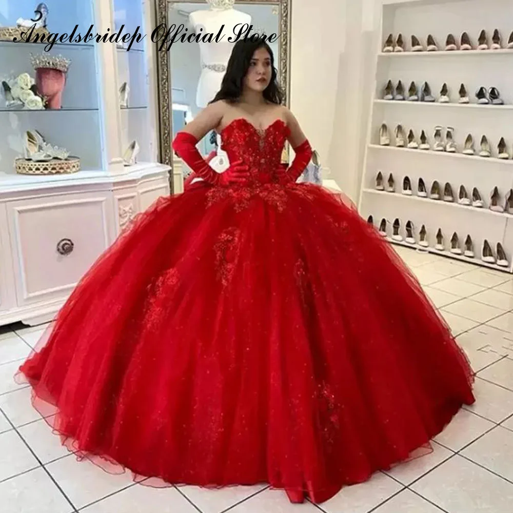 

Angelsbridep Red Ball Gown Quinceanera Dresses 15 Party Sexy Strapless 3D Flower Tulle Formal Cinderella Birthday Party Dress