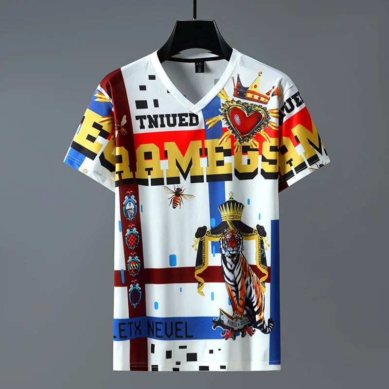 

Summer Fashion Men/Women 3D Tiger graphic t shirts V-neck Street Personality Trend Wild Loose mesh breathable Oversized Tees
