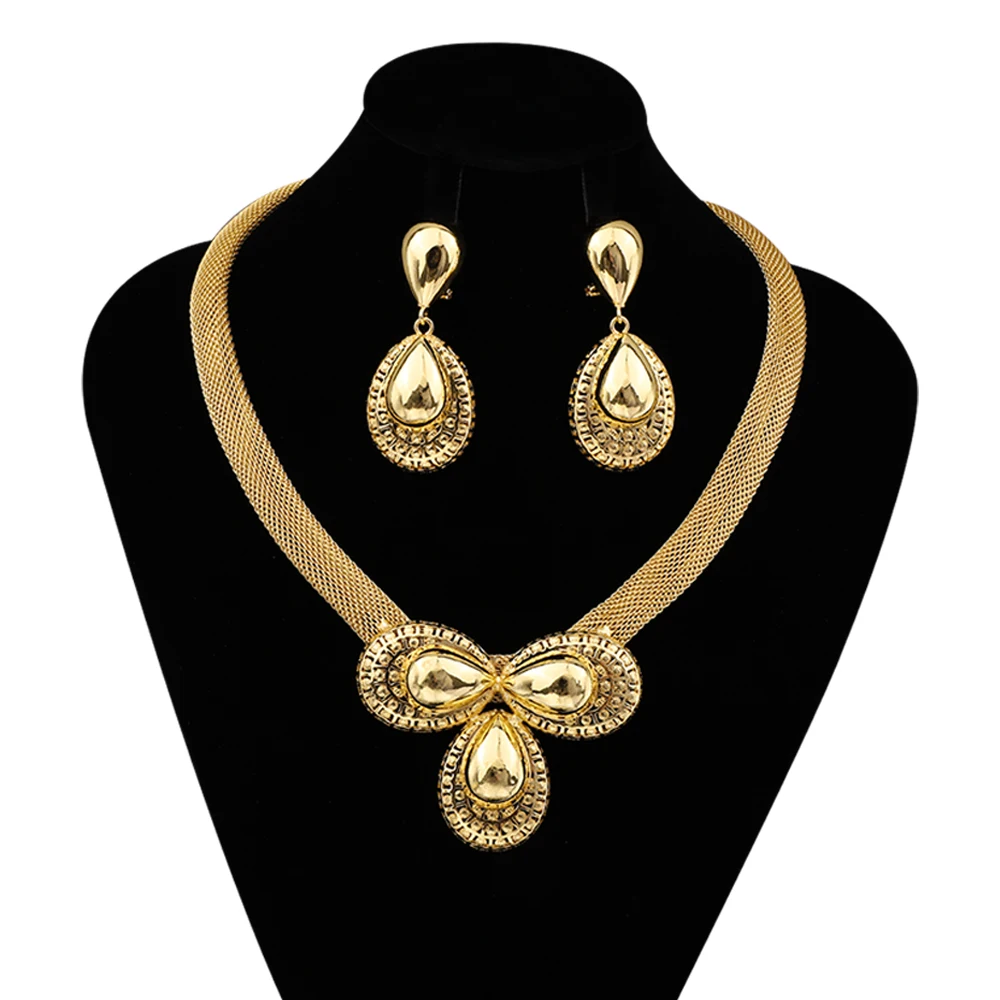 

Luxury Design Teardrop Pendant Flat Necklace Earring Gold Color Jewelry Set Dubai African Nigerian Women Wedding Party Gifts