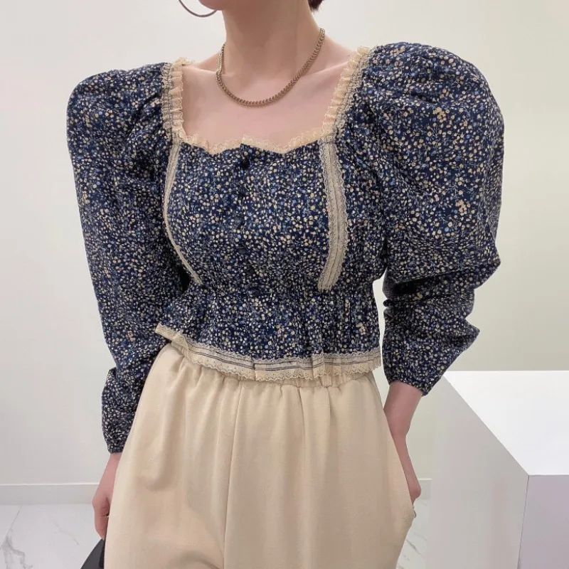 

French Puff Sleeve Shirts Blouse Women Floral Long Sleeve Lapel Buttons Vintage Shirts Elegant Blouses Crop Tops Female XC062