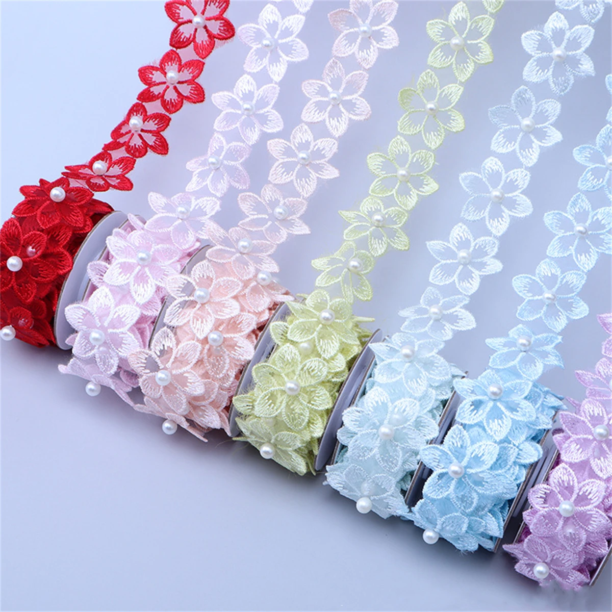 

1 Yard Flower Lace Trim Beaded Ribbon Embroidered Fabric Wedding Dress Sewing