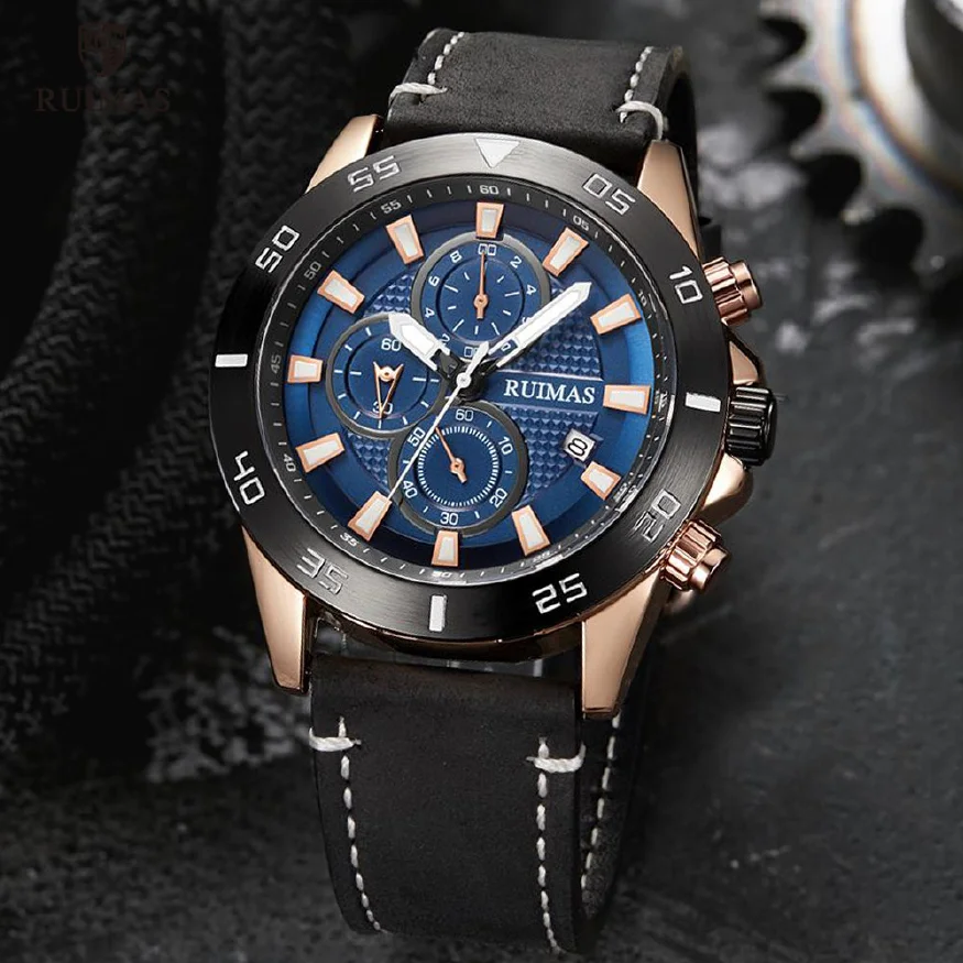 

RUIMAS Chronograph Watches Men Luxury Top Brand Quartz Watch Man Army Leather Strap Waterproof Wristwatch Relogios Masculino 572