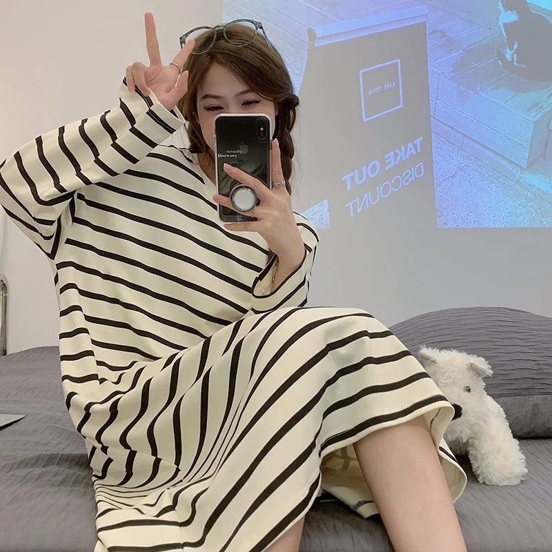 Autumn new knitted imitation cotton ladies long-sleeved long skirt striped cute sweet princess style casual nightdress home wear